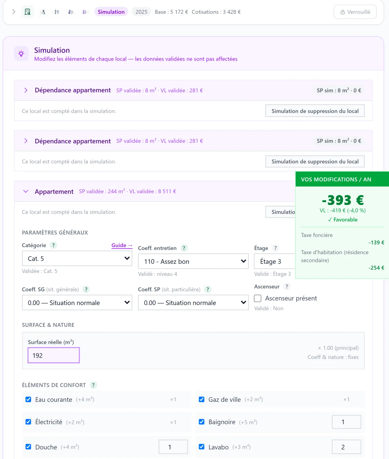Écran de simulation d'une correction de valeur locative — paramètres, éléments de confort et écart avant/après
