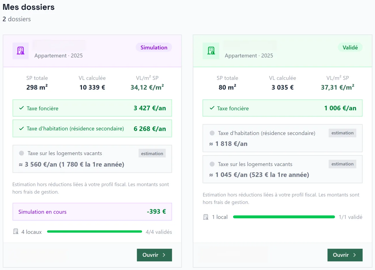Tableau de bord de l'application listant les biens et leur statut